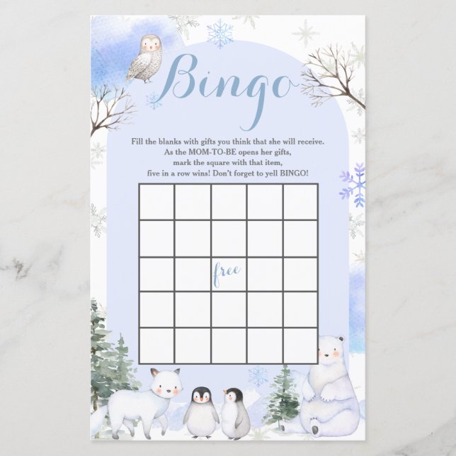 Papier Bingo Baby shower de flocons de neige d'ANIMAL ARC (Devant)