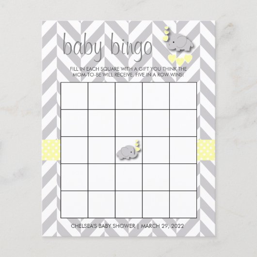 Papier Bingo Baby shower Eléphant Jaune et Gris Douce (Devant)