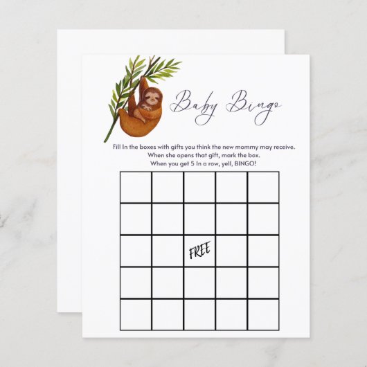Papier Bingo babyshower jeu Sloth thème (Devant / Derrière)