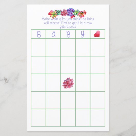 Papier Bingo bébé Baby shower succulent (Devant)