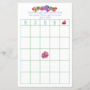 Papier Bingo bébé Baby shower succulent