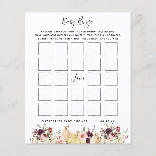 Papier Bingo bébé | Jeu de Baby shower floral (Devant)