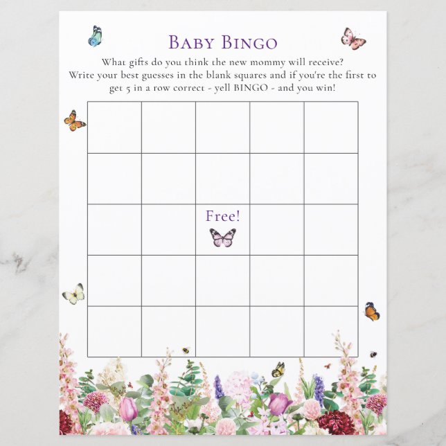 Papier Bingo bébé | Pink Purple Floral & Papillons Jeu (Devant)