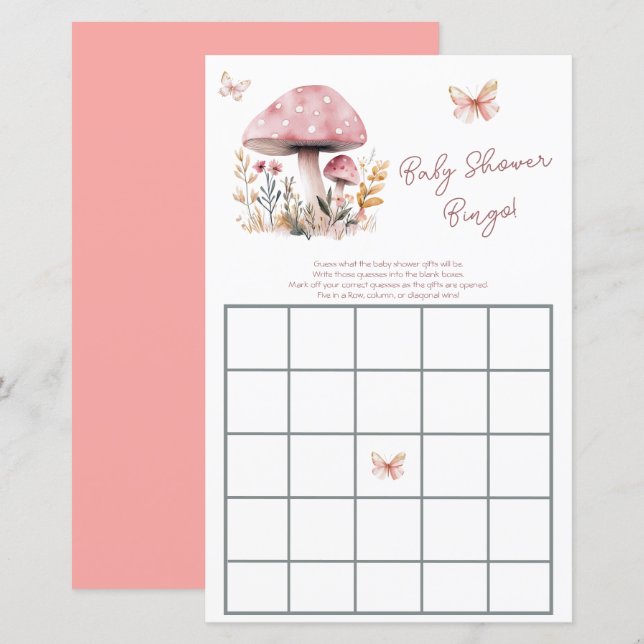 Papier Bingo de Baby Shower Bois de Champignon Rose (Devant / Derrière)