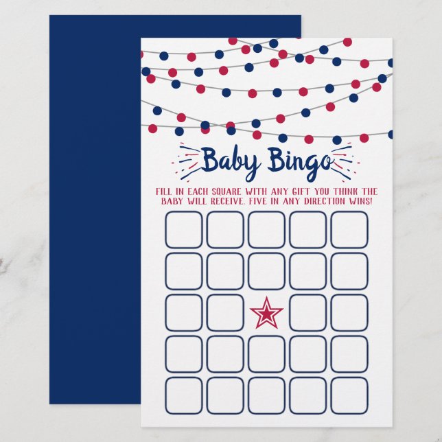 Papier Bingo de Baby shower rouge, blanc et bleu 4 juille (Devant / Derrière)