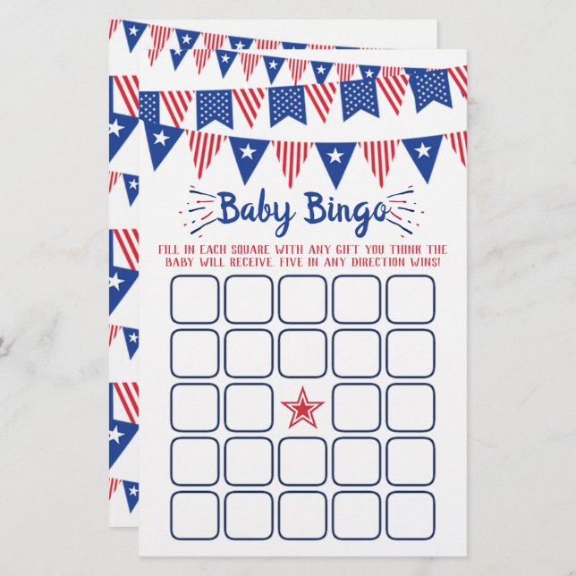Papier Bingo de Baby shower rouge, blanc et bleu 4 juille (Devant / Derrière)