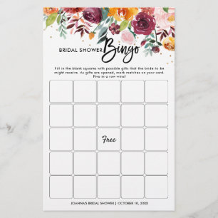 Papier Bingo de la Fête des mariées florale de Bourgogne 