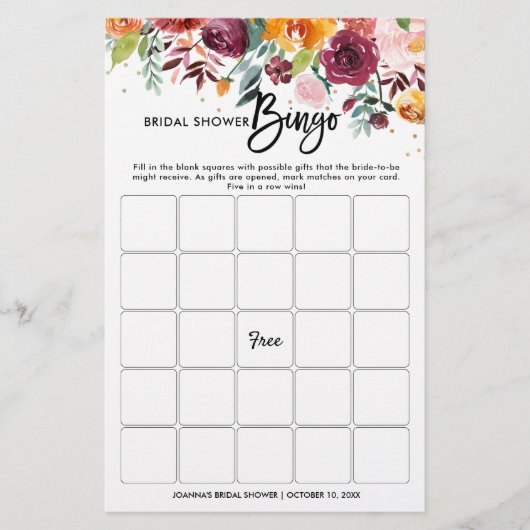 Papier Bingo de la Fête des mariées florale de Bourgogne  (Devant)
