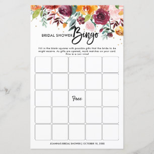 Papier Bingo de la Fête des mariées florale de Bourgogne