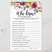 Papier Bingo de la Fête des mariées florale de Bourgogne (Dos)