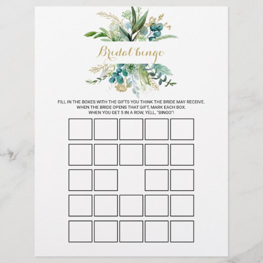 Papier Bingo de la mariée Gold & Eucalyptus, jeu de Fête  (Devant)