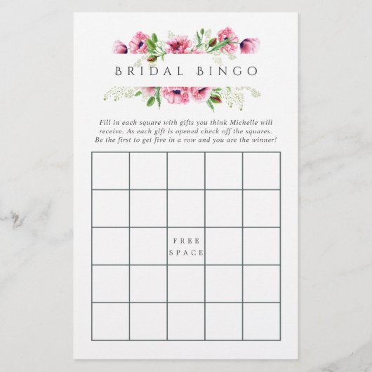 Papier Bingo de Lancer de Mariage Fleurs d'Aquarelle Rose (Devant)