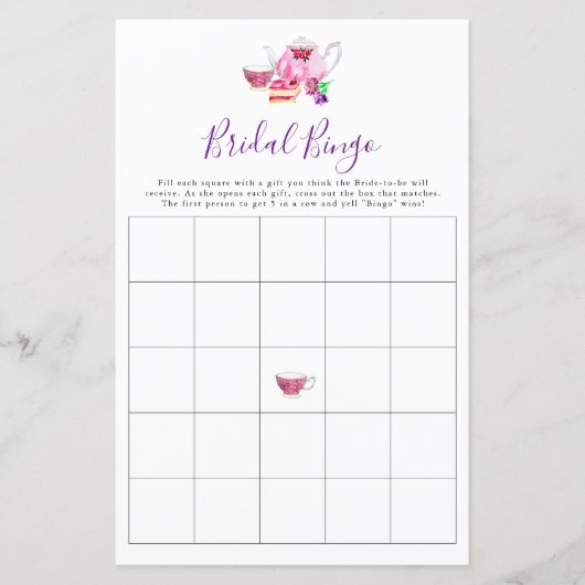 Papier Bingo de mariage Jeu de Baby Shower Thé Violet (Devant)