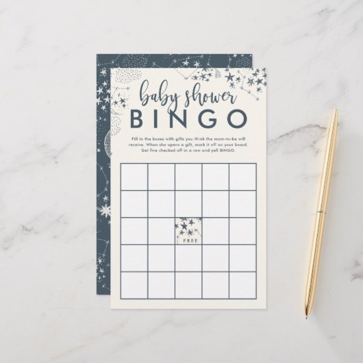 Papier Bingo du Baby shower de nuit bleu étoilé (Devant/Arrière en situation)