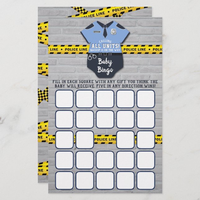 Papier Bingo du Baby shower des policiers (Devant / Derrière)