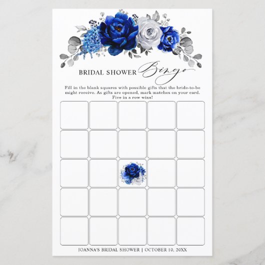 Papier Bingo Fête des mariées Florale Bleu Blanc Argent R (Devant)