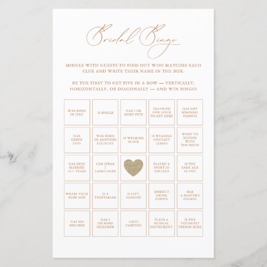 Papier Bingo nuptiale Élégant jeu de Fête des mariées (Devant)
