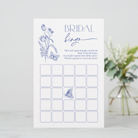 Papier Bingo nuptiale Quelque chose Blue Floral Douche Je (Debout devant)