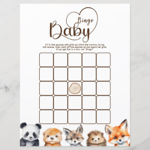 Papier Bingo Woodland Animaux Baby shower Jeu