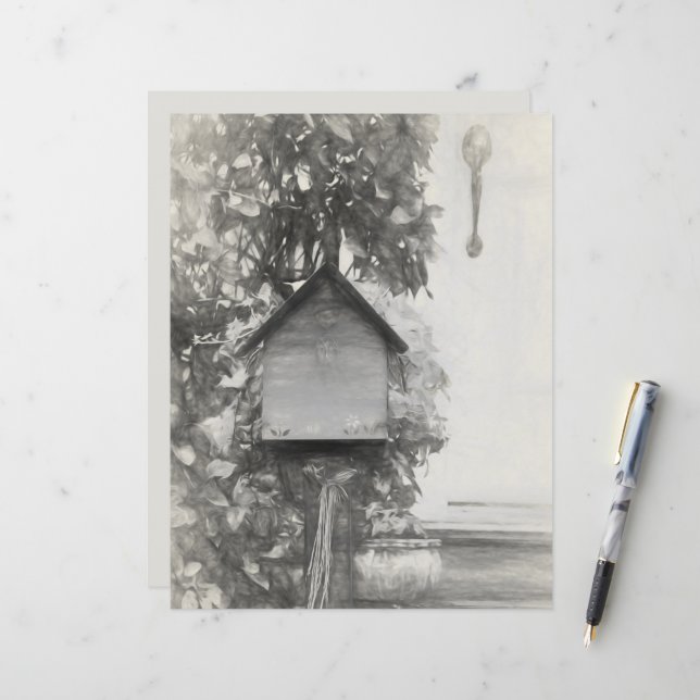 Papier Birdhouse Vintage Noir Et Blanc Rustique (Devant/Arrière en situation)