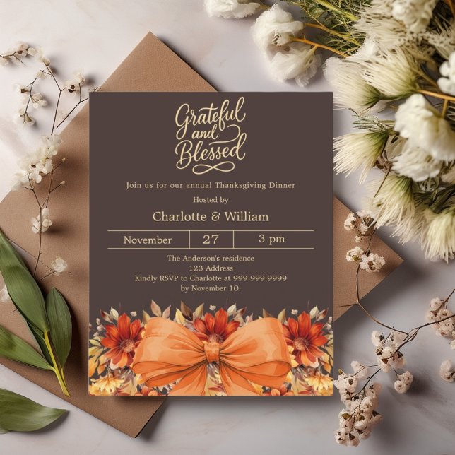 Papier Bister bow orange Thanksgiving dîner invitation (Créateur téléchargé)