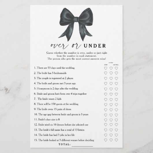 Papier Black bow bridal shower Over or under game (Devant)