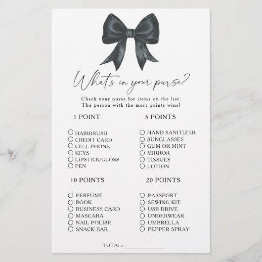 Papier Black bow bridal shower What's in your purse game (Devant)