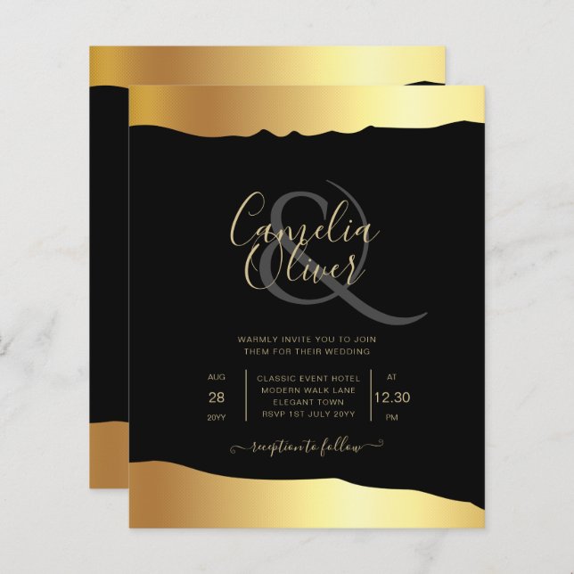 Papier Black Cravate Mariage Gold Foil Script Élégant évé (Devant / Derrière)
