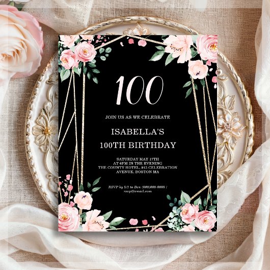 Papier Black Floral 100e Budget Invitation Anniversaire