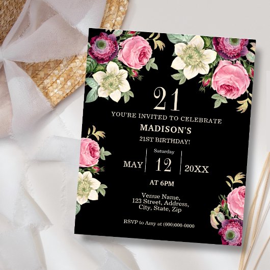 Papier Black Floral 21ème Budget Invitation Anniversaire