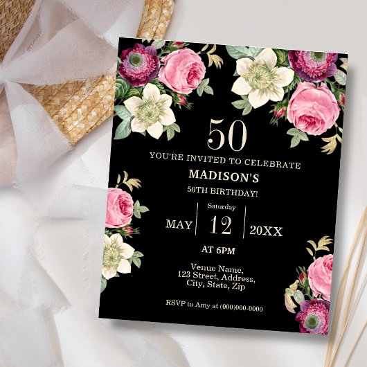 Papier Black Floral 50e Budget Invitation Anniversaire