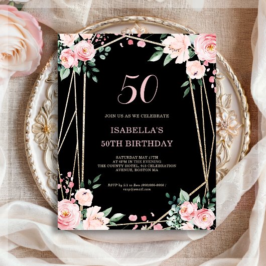Papier Black Floral 50e Budget Invitation Anniversaire