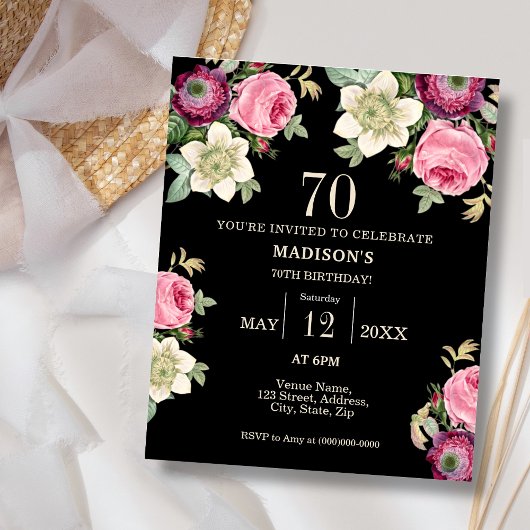Papier Black Floral 70e Budget Invitation Anniversaire