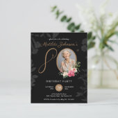 Papier Black Floral 80th Birthday Party Invitation (Debout devant)
