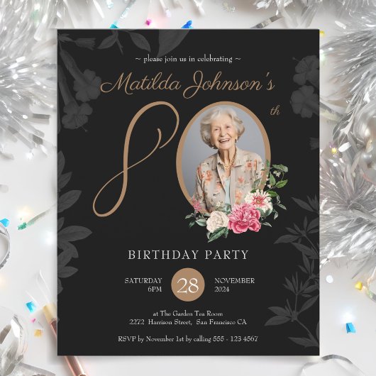 Papier Black Floral 80th Birthday Party Invitation
