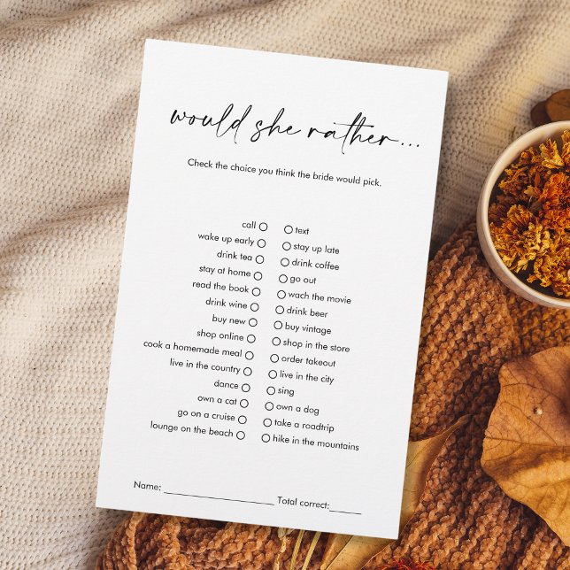 Papier Black Modern Voudrait Elle Plutôt Fête des mariées (modern minimalist black and white "would she rather..." bridal shower game)