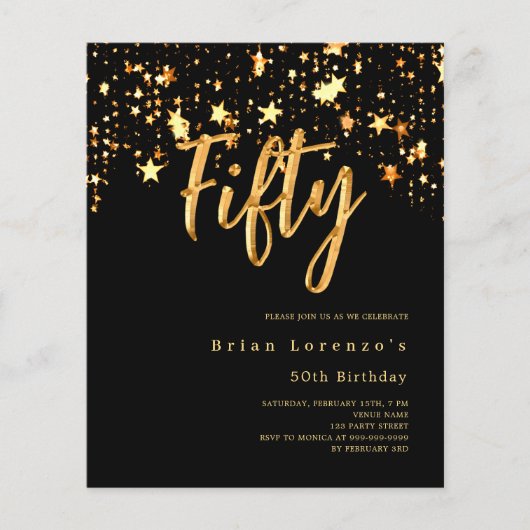 Papier Black or étoiles script 50e anniversaire invitatio (Devant)