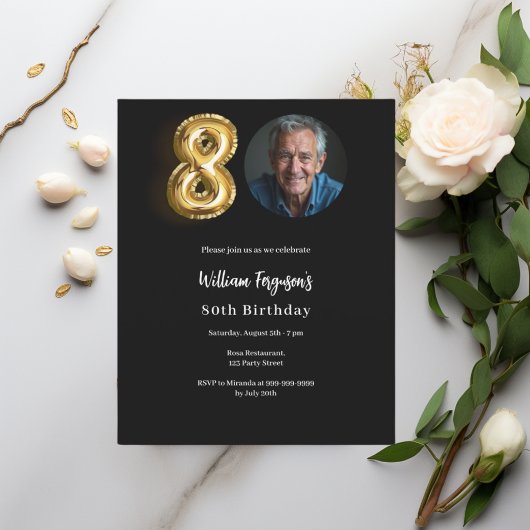 Papier Black or photo 80e anniversaire invitation