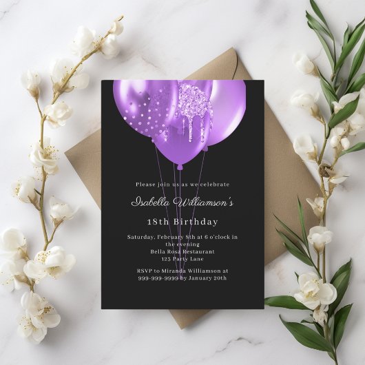 Papier Black purple balloons birthday invitation