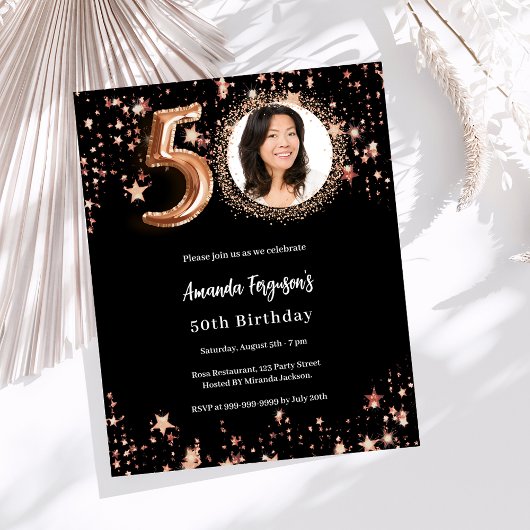 Papier Black rose or photo 50e anniversaire invitation