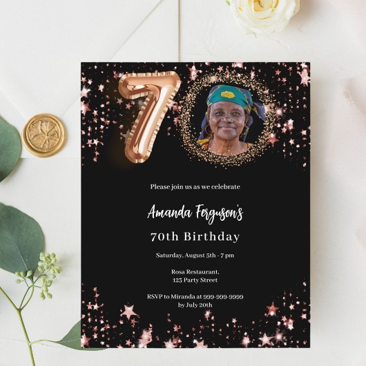 Papier Black rose or photo 70e anniversaire invitation