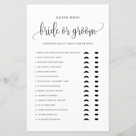 Papier Black Script Gues Who Mariage ou Groom Douche Jeu (Devant)