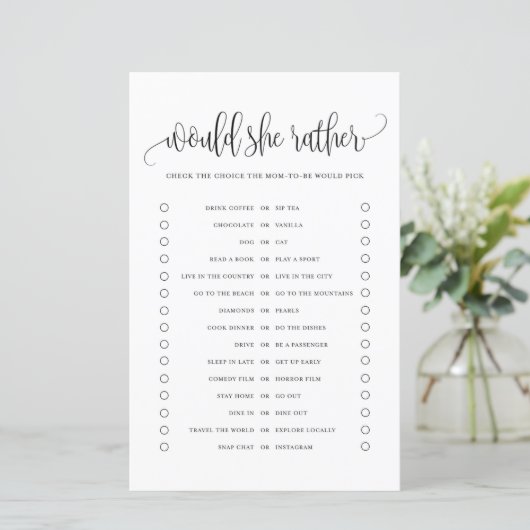 Papier Black Script Voudrait-Elle Plutôt Baby shower Jeu (Debout devant)