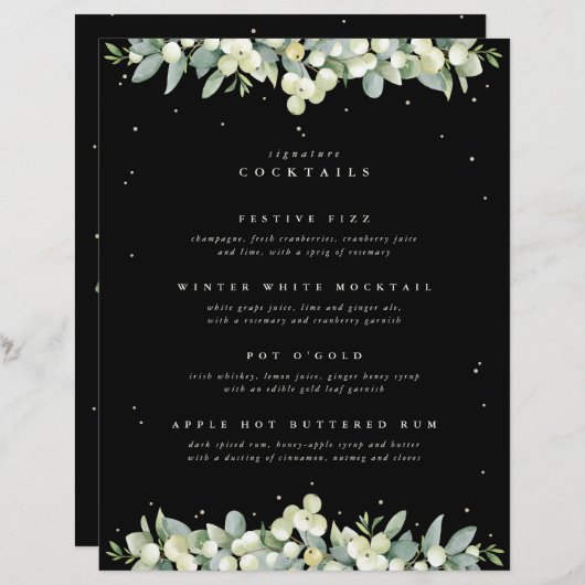 Papier Black Snowberry + Eucalyptus Mariage Boissons Bar (Devant / Derrière)