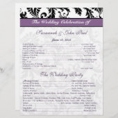 Papier Black & White Damask Purple Band Wedding Program (Devant / Derrière)