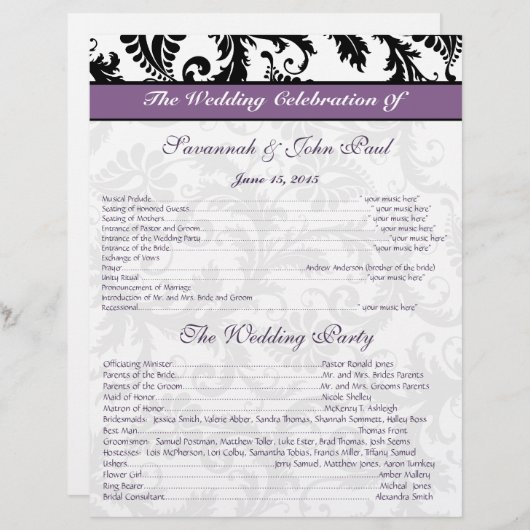 Papier Black & White Damask Purple Band Wedding Program (Devant / Derrière)