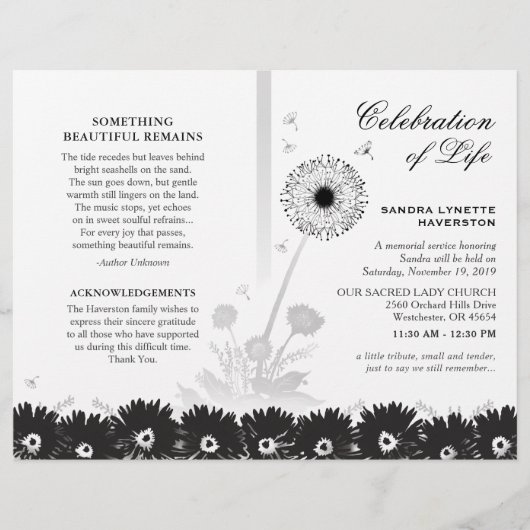Papier Black & White Floral Funeral Program avec photo (Devant)