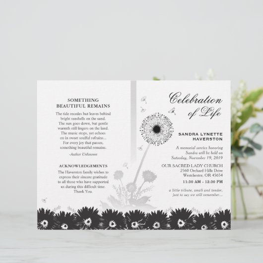 Papier Black & White Floral Funeral Program avec photo (Debout devant)