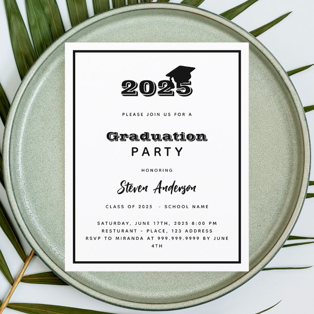 Papier Black white graduation party 2025 invitation (Créateur téléchargé)
