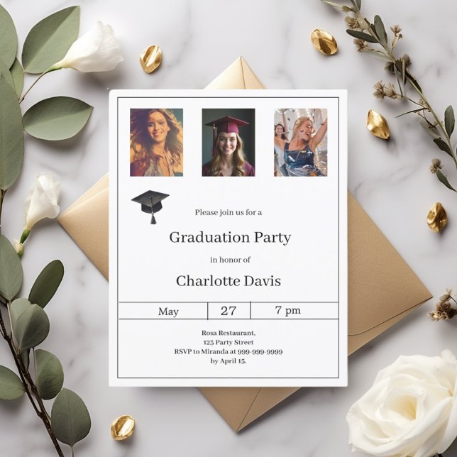 Papier Black white photo Graduation Party invitation (Créateur téléchargé)